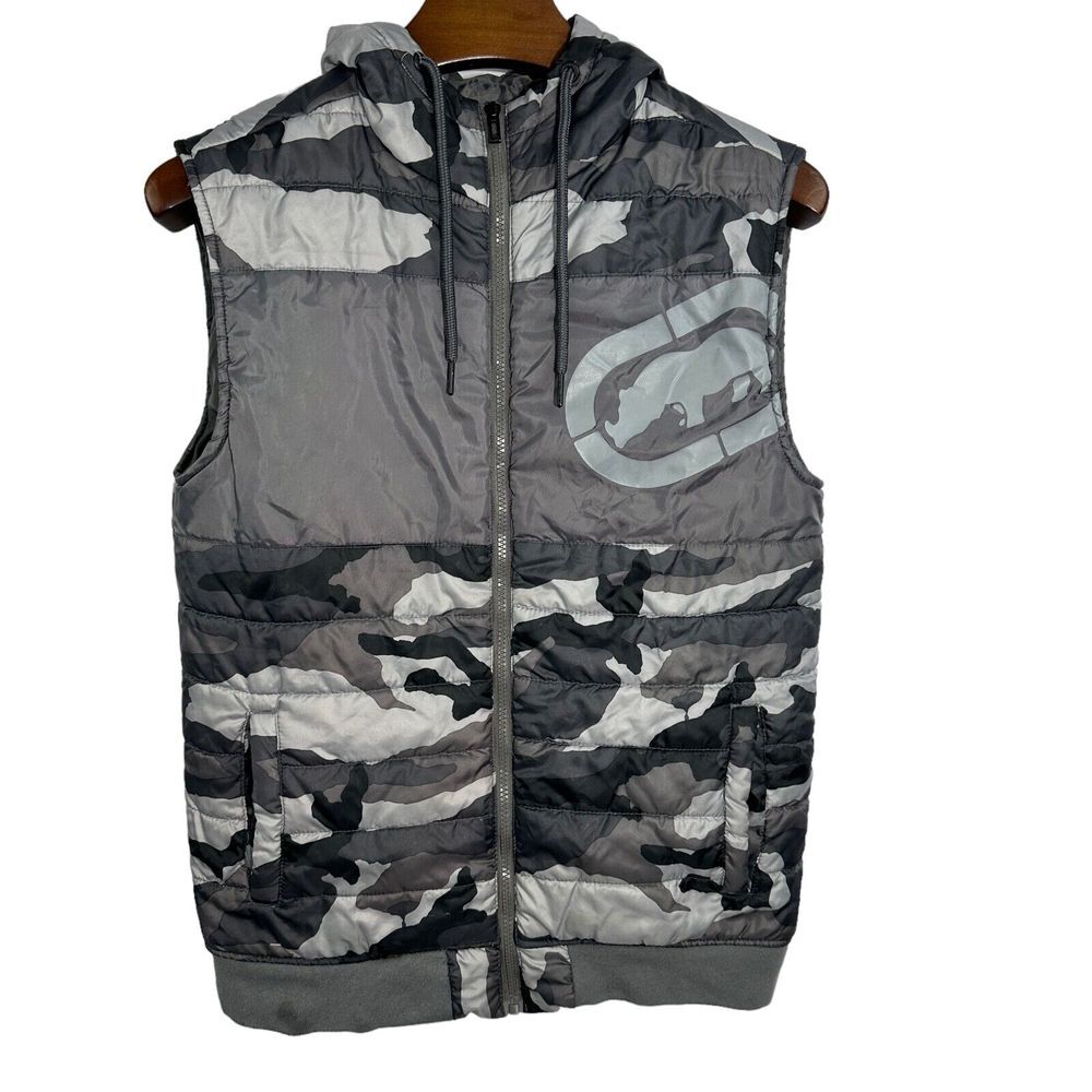 ECKO UNLTD‎ Grey Black Camo Sleeveless Hoodie Bomber Puffer Vest Jacket Coat Y2K
